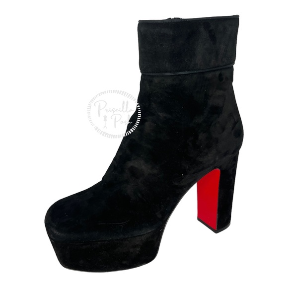 Christian Louboutin black suede platform ankle boot block heel square toe retro - Picture 9 of 16